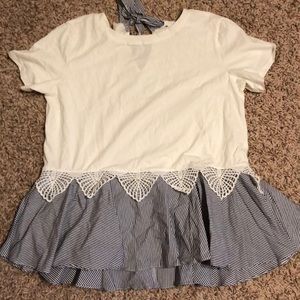 WORN ONCE white/navy striped ruffle bottom shirt